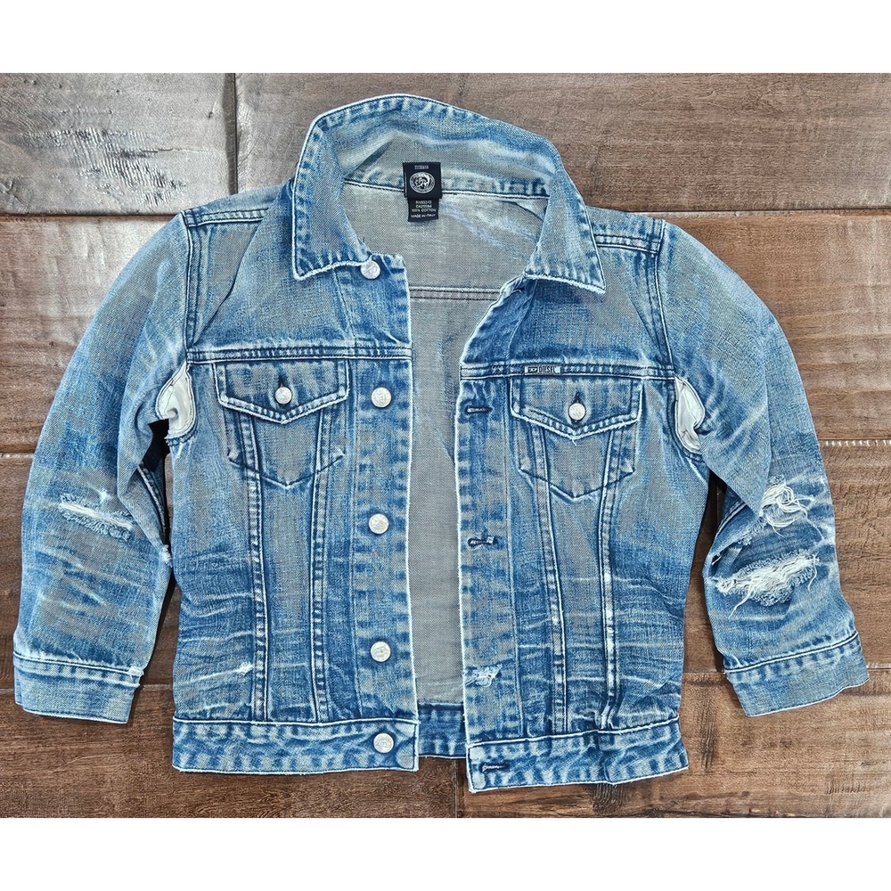 Y2K Diesel Youth Acid Wash Streetwear Distressed Denim Trucker Jacket Size M